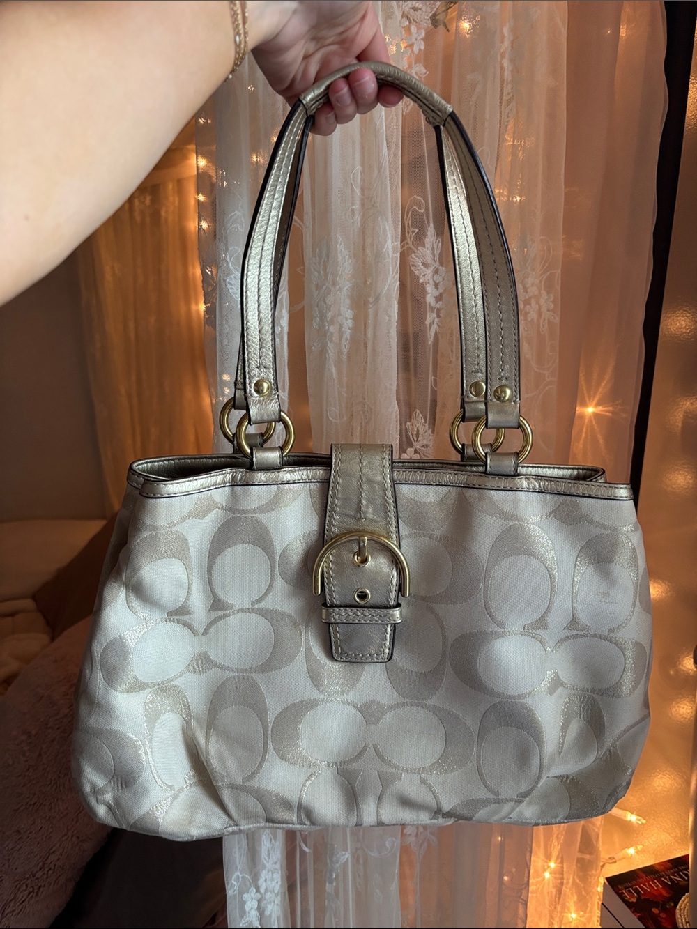 Coach Metallic Ivory Signature Shoulder Bag with Gold Hardware